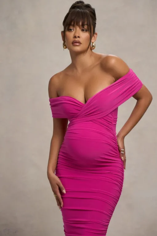 Unwrapped | Dark Pink Ruched Twist Bardot Maternity Midi Dress