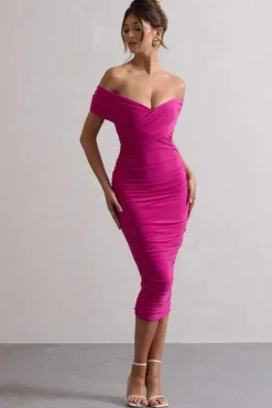 Unwrapped | Dark Pink Ruched Twist Bardot Midi Dress