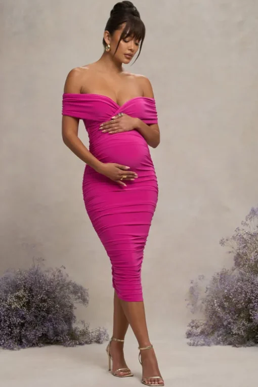 Unwrapped | Dark Pink Ruched Twist Bardot Maternity Midi Dress