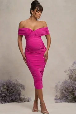 Unwrapped | Dark Pink Ruched Twist Bardot Maternity Midi Dress