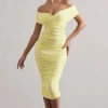 Unwrapped | Lemon Ruched Twist Bardot Midi Dress