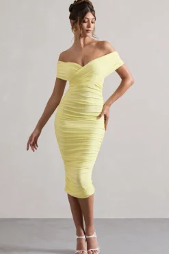 Unwrapped | Lemon Ruched Twist Bardot Midi Dress