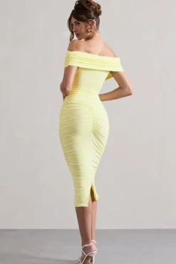 Unwrapped | Lemon Ruched Twist Bardot Midi Dress