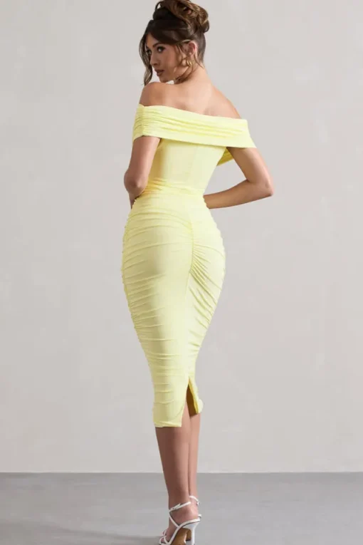Unwrapped | Lemon Ruched Twist Bardot Midi Dress