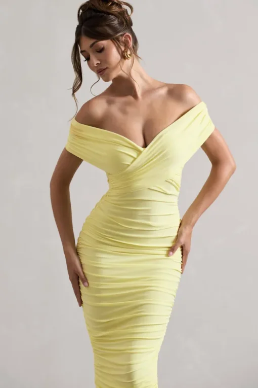Unwrapped | Lemon Ruched Twist Bardot Midi Dress