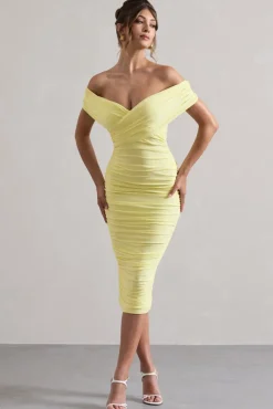 Unwrapped | Lemon Ruched Twist Bardot Midi Dress