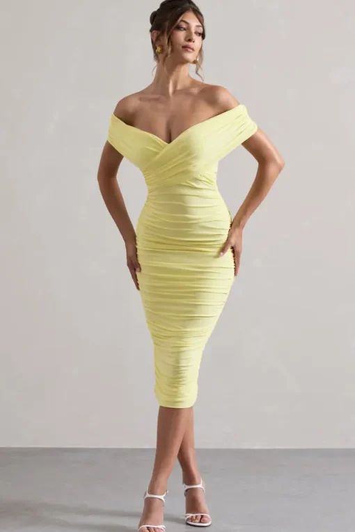 Unwrapped | Lemon Ruched Twist Bardot Midi Dress