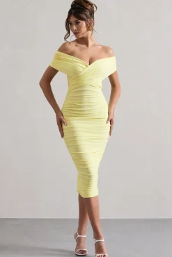 Unwrapped | Lemon Ruched Twist Bardot Midi Dress