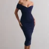 Unwrapped | Navy Ruched Twist Bardot Midi Dress