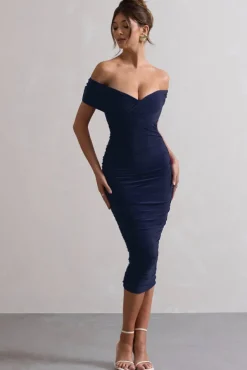 Unwrapped | Navy Ruched Twist Bardot Midi Dress