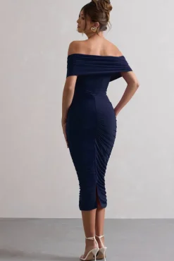Unwrapped | Navy Ruched Twist Bardot Midi Dress