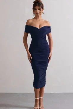 Unwrapped | Navy Ruched Twist Bardot Midi Dress