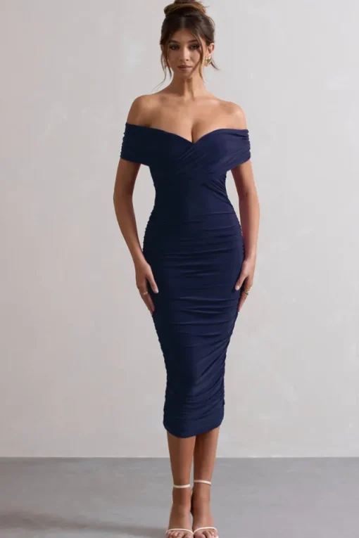 Unwrapped | Navy Ruched Twist Bardot Midi Dress