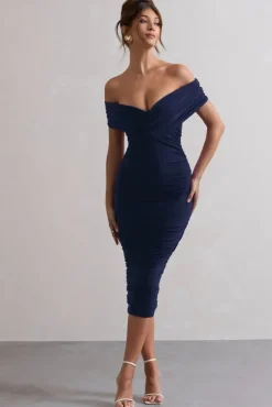 Unwrapped | Navy Ruched Twist Bardot Midi Dress
