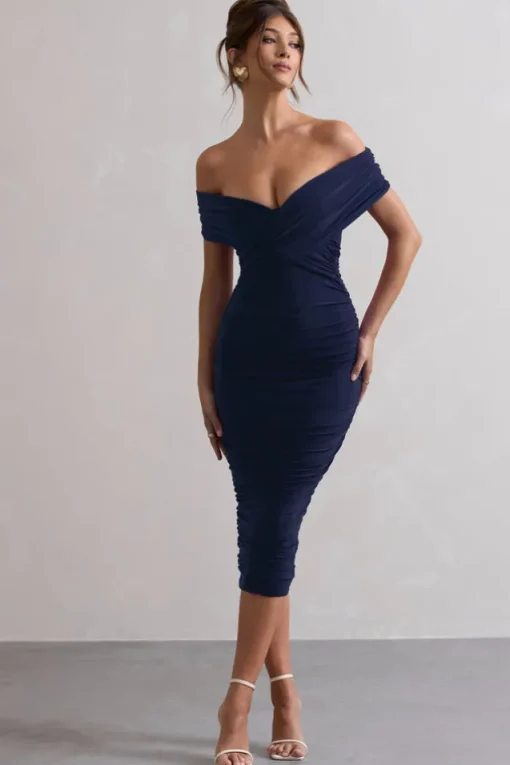Unwrapped | Navy Ruched Twist Bardot Midi Dress