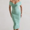 Unwrapped | Sage Ruched Twist Bardot Midi Dress