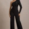 Upgrade | Black Lace Asymmetric Belted Wide-Leg Jumpsuit
