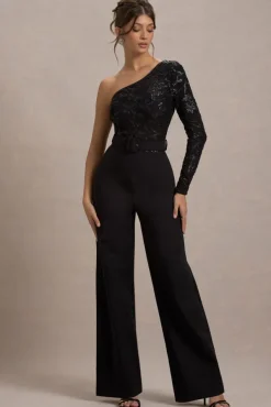 Upgrade | Black Lace Asymmetric Belted Wide-Leg Jumpsuit