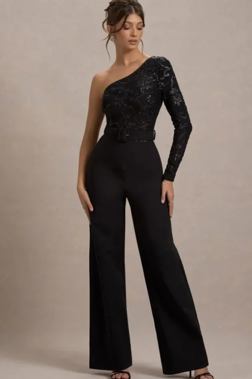 Upgrade | Black Lace Asymmetric Belted Wide-Leg Jumpsuit
