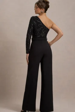Upgrade | Black Lace Asymmetric Belted Wide-Leg Jumpsuit