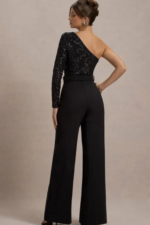 Upgrade | Black Lace Asymmetric Belted Wide-Leg Jumpsuit