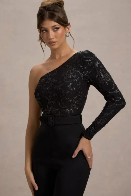 Upgrade | Black Lace Asymmetric Belted Wide-Leg Jumpsuit