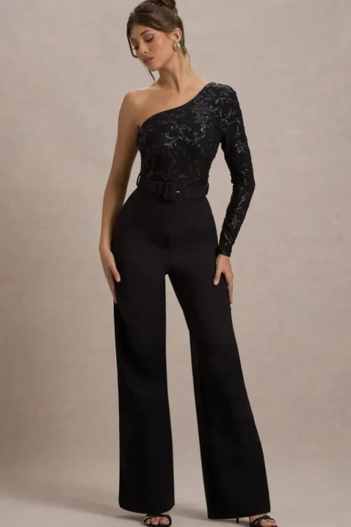 Upgrade | Black Lace Asymmetric Belted Wide-Leg Jumpsuit