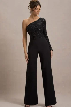 Upgrade | Black Lace Asymmetric Belted Wide-Leg Jumpsuit