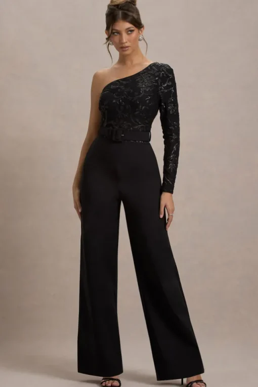 Upgrade | Black Lace Asymmetric Belted Wide-Leg Jumpsuit