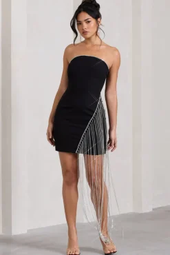 Upon A Star | Black Bandeau Diamante Fringe Mini Dress