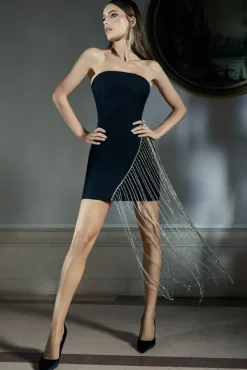 Upon A Star | Black Bandeau Diamante Fringe Mini Dress