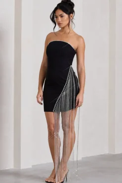 Upon A Star | Black Bandeau Diamante Fringe Mini Dress