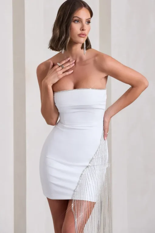 Upon A Star | White Bandeau Diamante Fringe Mini Dress