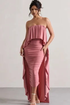 Upon A Time | Blush Ruched Bandeau Midi Dress With Cape