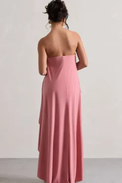 Upon A Time | Blush Ruched Bandeau Midi Dress With Cape