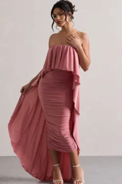 Upon A Time | Blush Ruched Bandeau Midi Dress With Cape