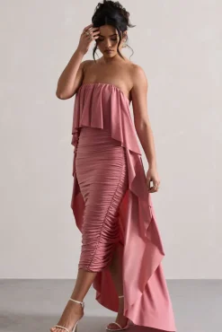 Upon A Time | Blush Ruched Bandeau Midi Dress With Cape