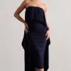Upon A Time | Navy Ruched Bandeau Midi Dress With Cape