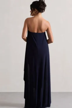 Upon A Time | Navy Ruched Bandeau Midi Dress With Cape