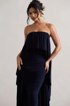 Upon A Time | Navy Ruched Bandeau Midi Dress With Cape