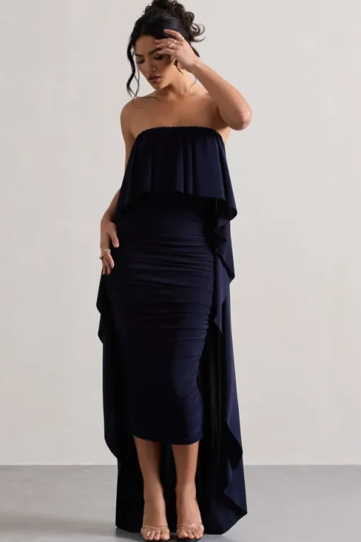 Upon A Time | Navy Ruched Bandeau Midi Dress With Cape