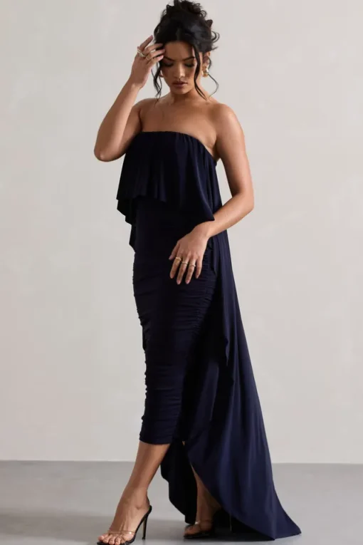 Upon A Time | Navy Ruched Bandeau Midi Dress With Cape