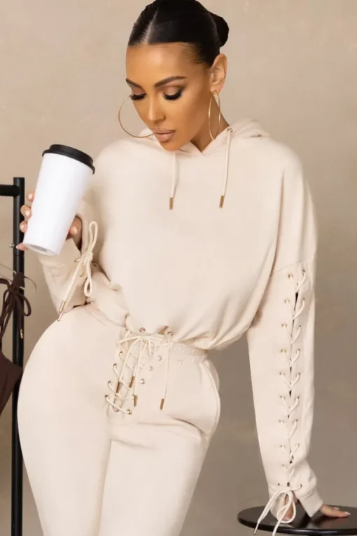 Urban Futures | Cream Eyelet u0026 Lace Up Detail Hoodie
