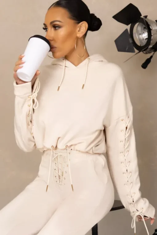 Urban Futures | Cream Eyelet u0026 Lace Up Detail Hoodie