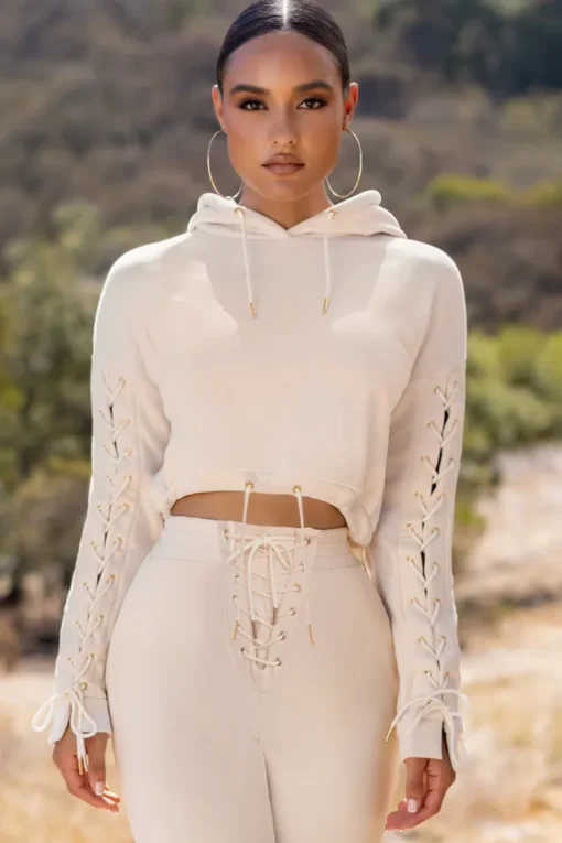 Urban Futures | Cream Eyelet u0026 Lace Up Detail Hoodie