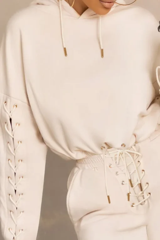 Urban Futures | Cream Eyelet u0026 Lace Up Detail Hoodie