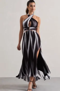 Ushuaia | Black Print Halter-Neck Cut-Out Split Maxi Dress