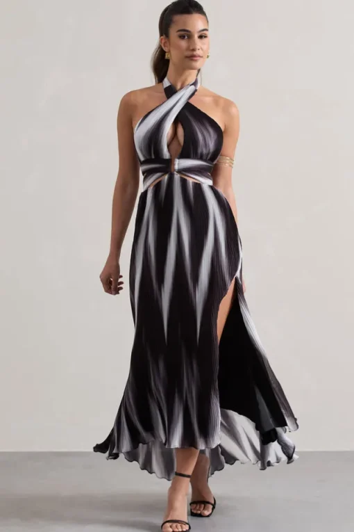 Ushuaia | Black Print Halter-Neck Cut-Out Split Maxi Dress