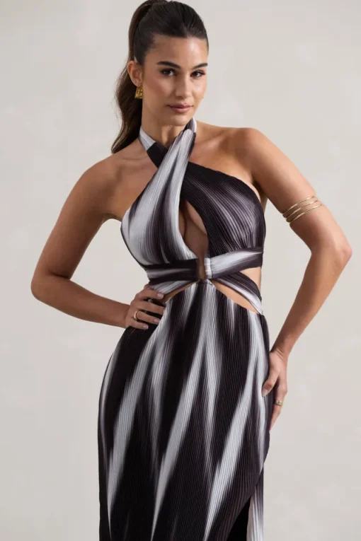 Ushuaia | Black Print Halter-Neck Cut-Out Split Maxi Dress
