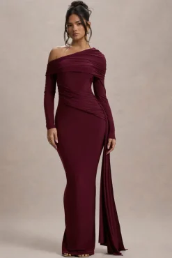 Valina | Burgundy Ruched Asymmetric Maxi Dress With Drape